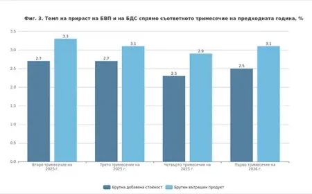 Брутният вътрешен продукт на България нараства с 3,1% през първото тримесечие на 2026 г